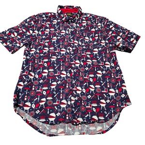 Staghorn River BBQ Grills Fireworks Patriotic Short Sleeve Button Down Shirt Lrg